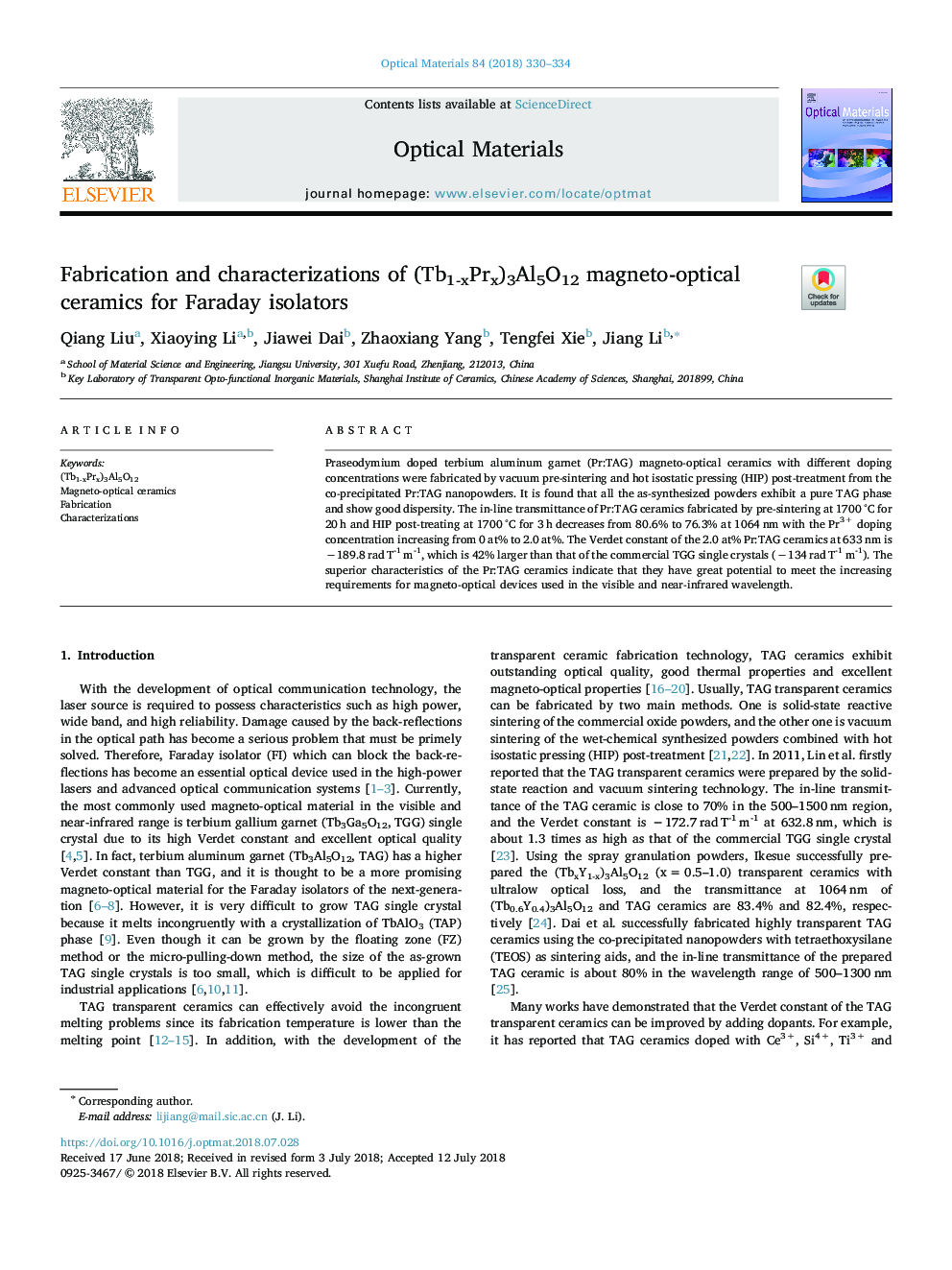 Fabrication and characterizations of (Tb1-xPrx)3Al5O12 magneto-optical ceramics for Faraday isolators