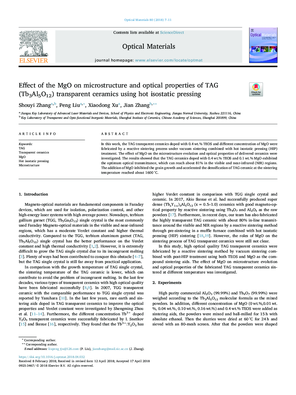 Effect of the MgO on microstructure and optical properties of TAG (Tb3Al5O12) transparent ceramics using hot isostatic pressing