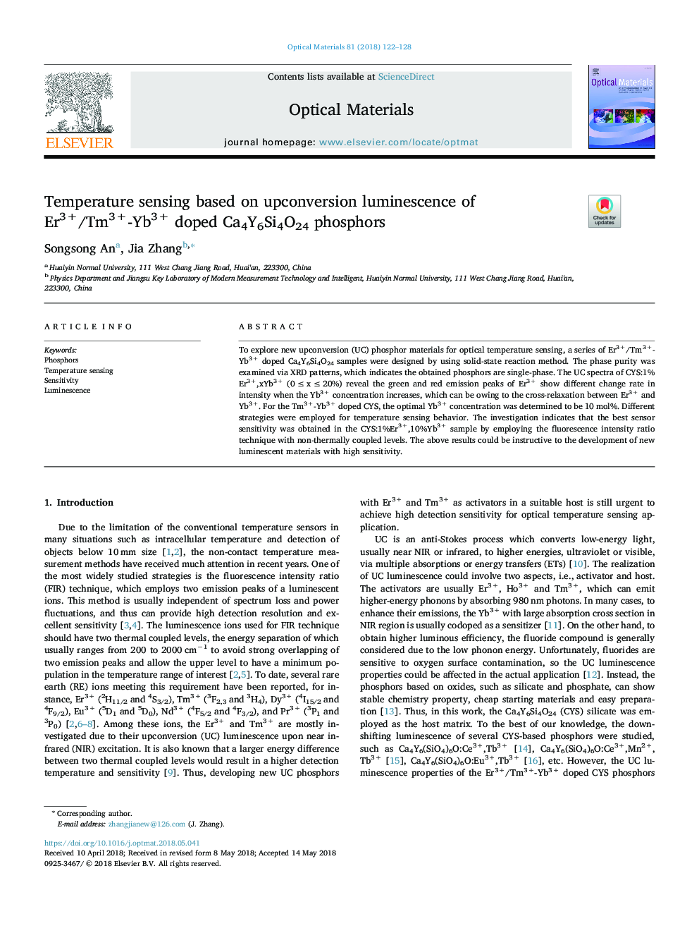 Temperature sensing based on upconversion luminescence of Er3+/Tm3+-Yb3+ doped Ca4Y6Si4O24 phosphors