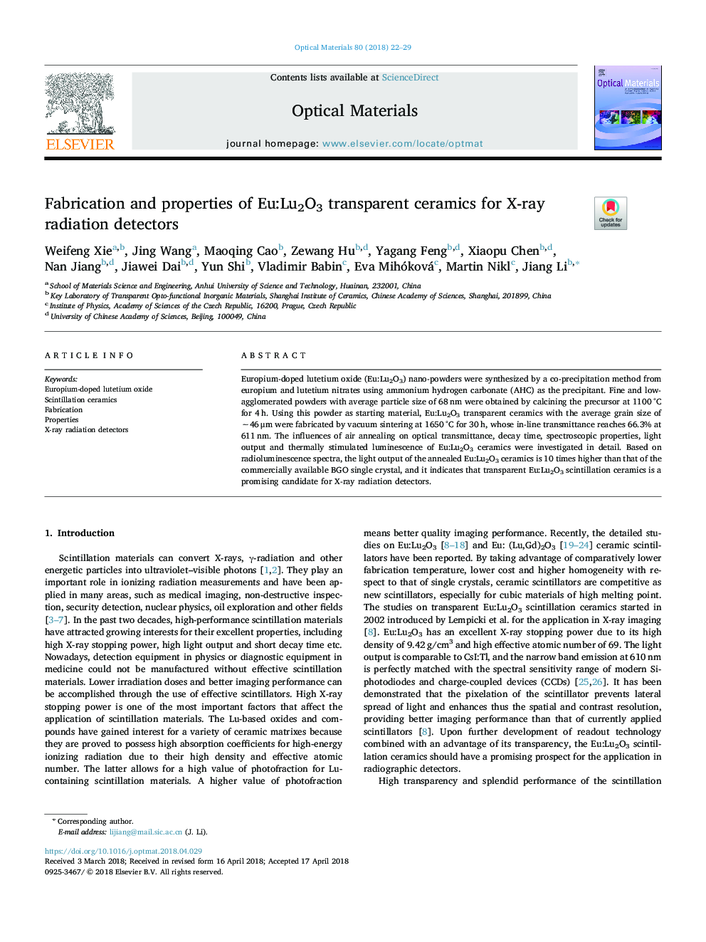 Fabrication and properties of Eu:Lu2O3 transparent ceramics for X-ray radiation detectors