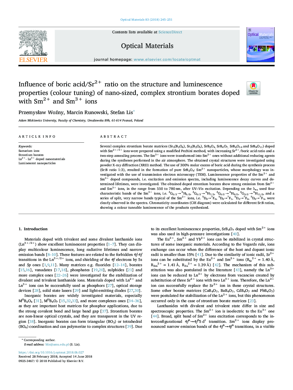 Influence of boric acid/Sr2+ ratio on the structure and luminescence properties (colour tuning) of nano-sized, complex strontium borates doped with Sm2+ and Sm3+ ions