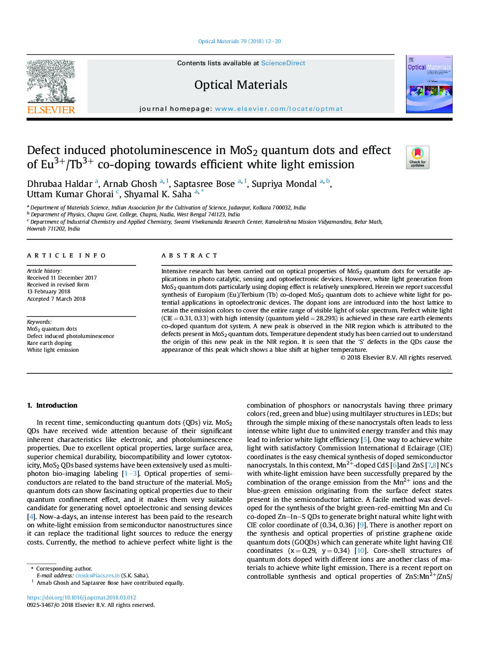 Defect induced photoluminescence in MoS2 quantum dots and effect of Eu3+/Tb3+ co-doping towards efficient white light emission