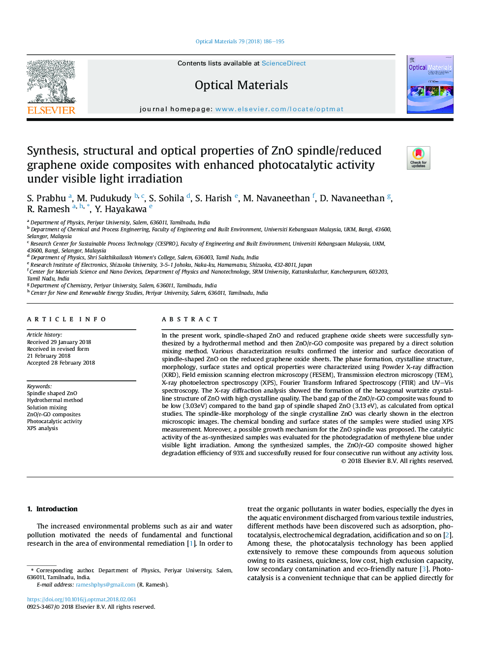 Synthesis, structural and optical properties of ZnO spindle/reduced graphene oxide composites with enhanced photocatalytic activity under visible light irradiation