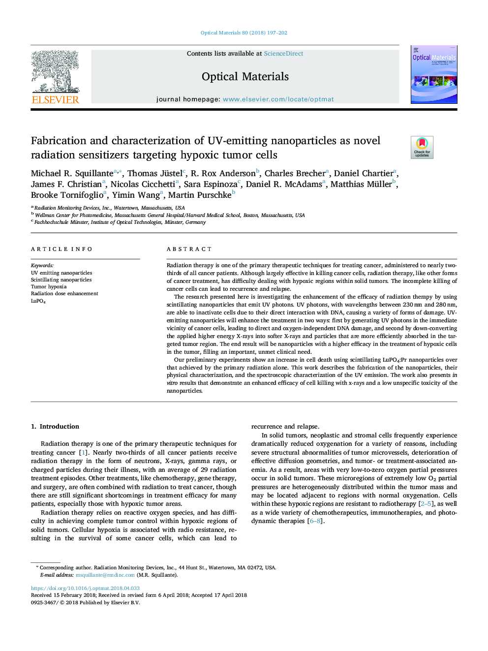 Fabrication and characterization of UV-emitting nanoparticles as novel radiation sensitizers targeting hypoxic tumor cells