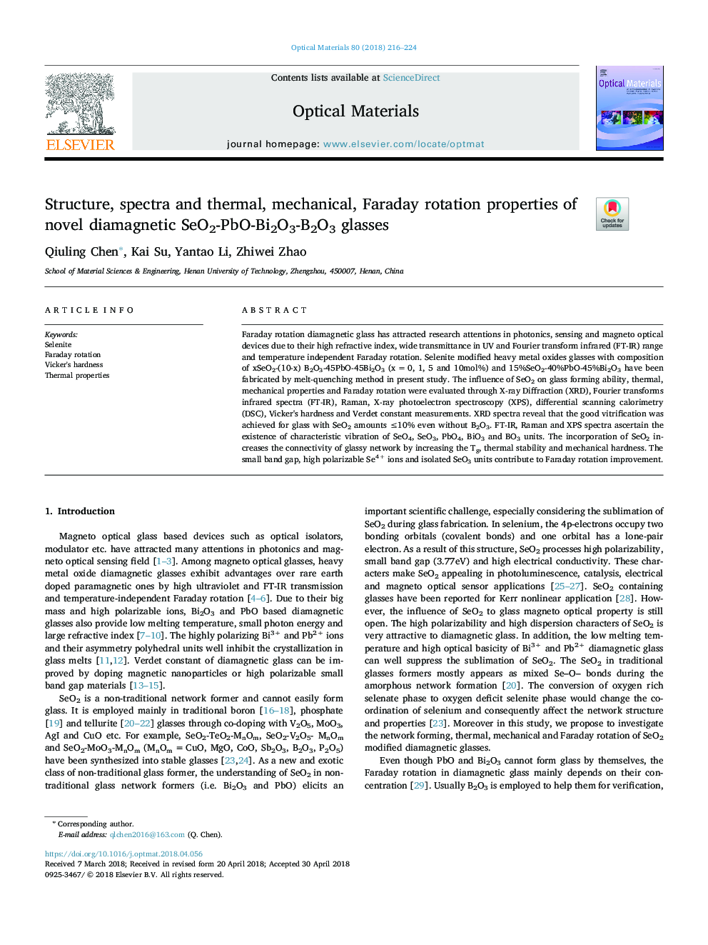 Structure, spectra and thermal, mechanical, Faraday rotation properties of novel diamagnetic SeO2-PbO-Bi2O3-B2O3 glasses