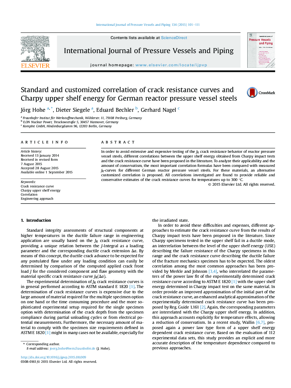 Standard and customized correlation of crack resistance curves and Charpy upper shelf energy for German reactor pressure vessel steels