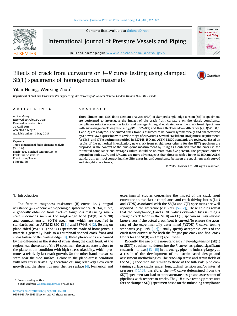 Effects of crack front curvature on J–R curve testing using clamped SE(T) specimens of homogeneous materials