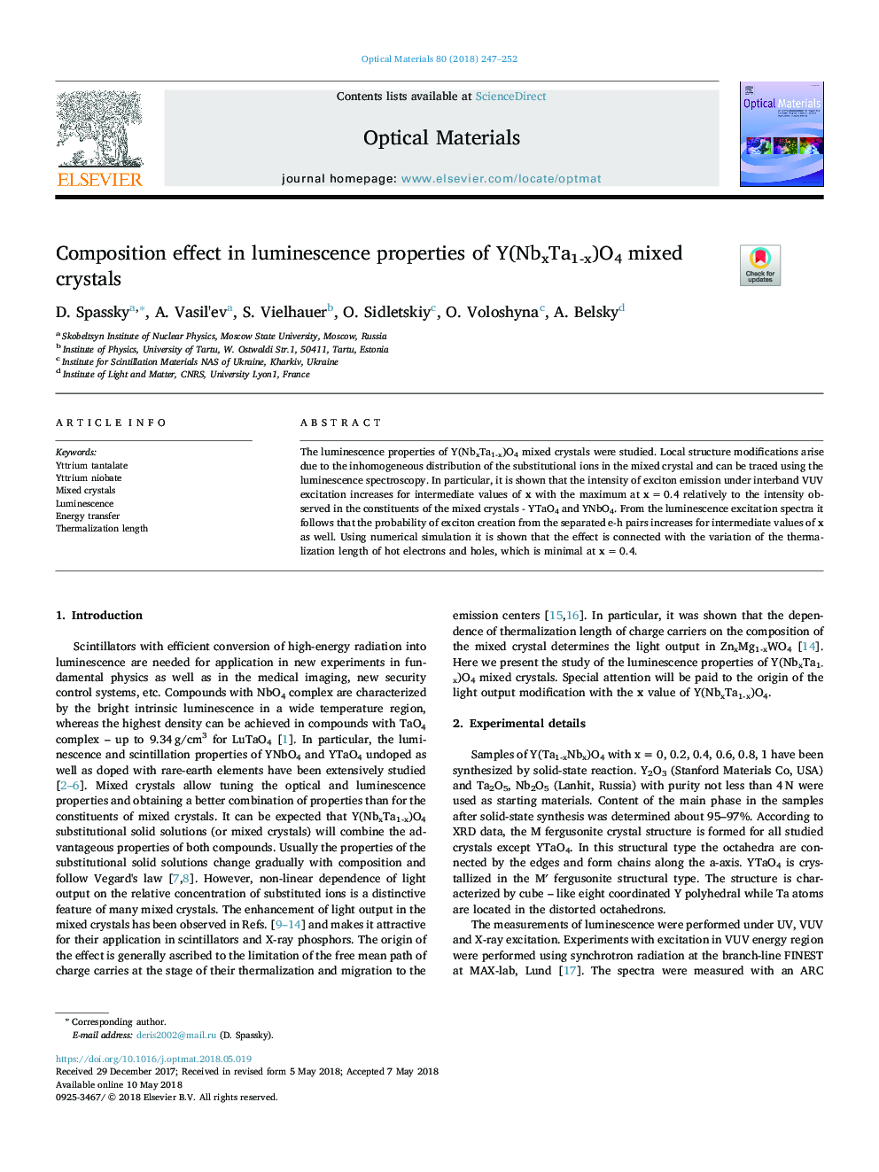 Composition effect in luminescence properties of Y(NbxTa1-x)O4 mixed crystals