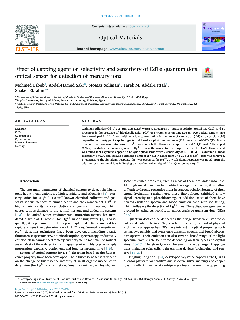 Effect of capping agent on selectivity and sensitivity of CdTe quantum dots optical sensor for detection of mercury ions