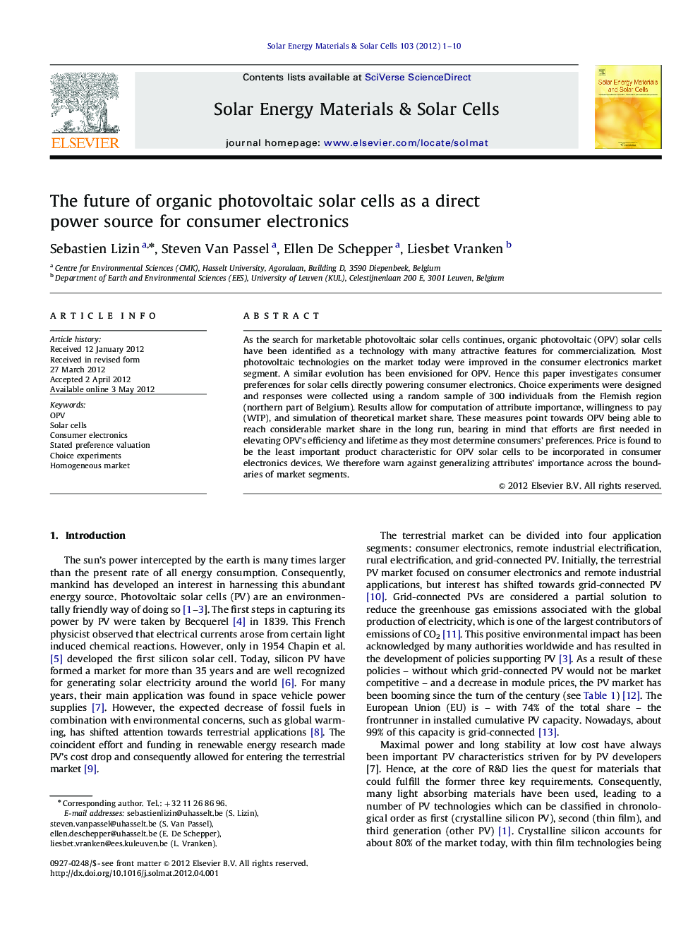 The future of organic photovoltaic solar cells as a direct power source for consumer electronics