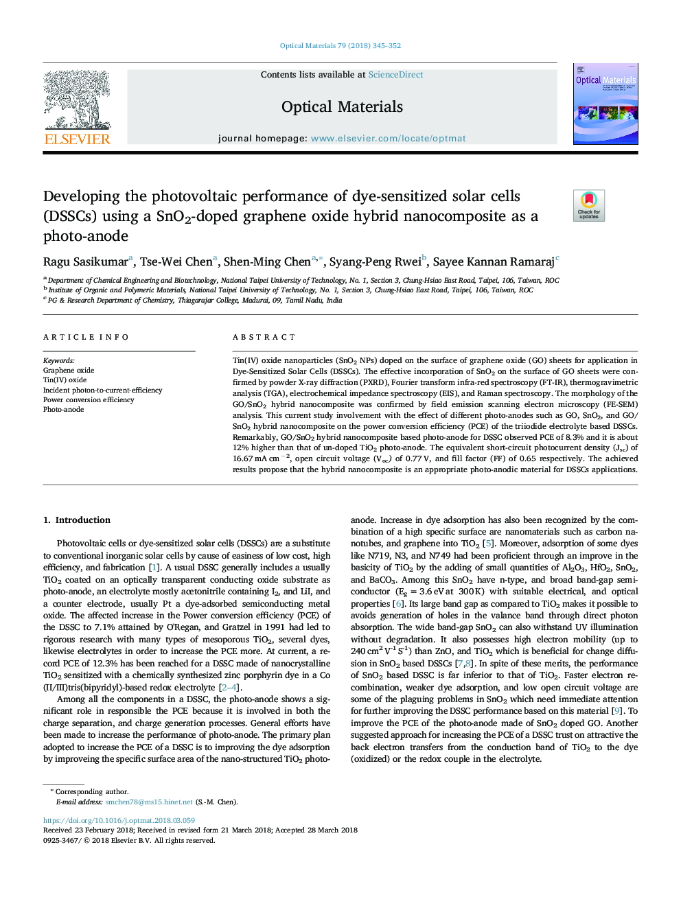 Developing the photovoltaic performance of dye-sensitized solar cells (DSSCs) using a SnO2-doped graphene oxide hybrid nanocomposite as a photo-anode