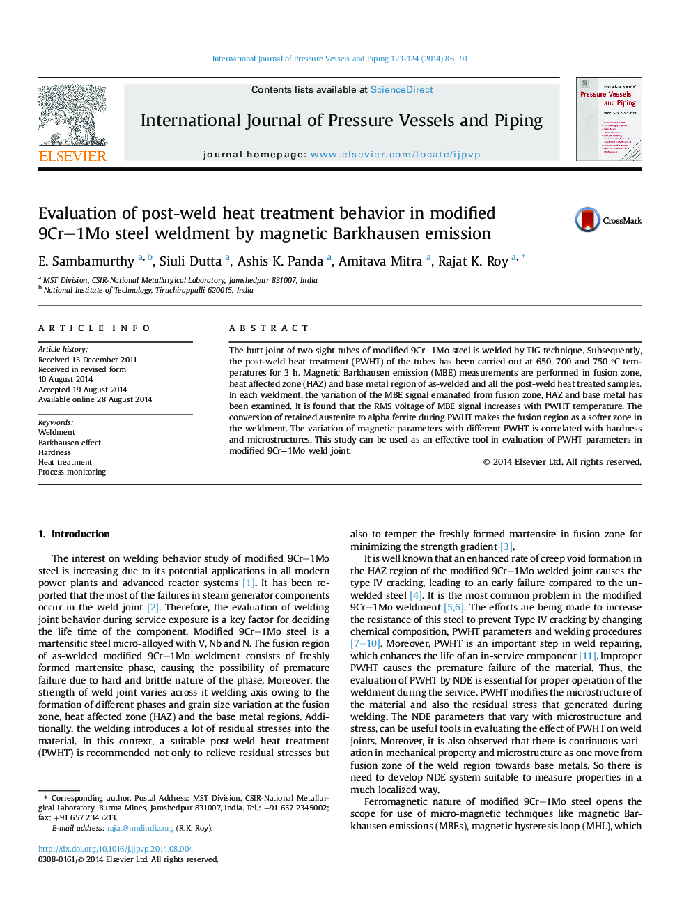 Evaluation of post-weld heat treatment behavior in modified 9Cr–1Mo steel weldment by magnetic Barkhausen emission