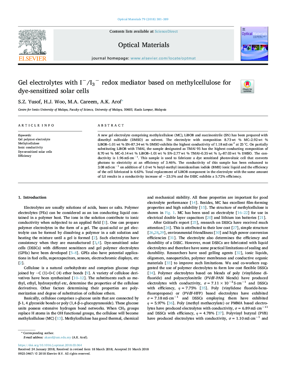 Gel electrolytes with Iâ/I3â redox mediator based on methylcellulose for dye-sensitized solar cells
