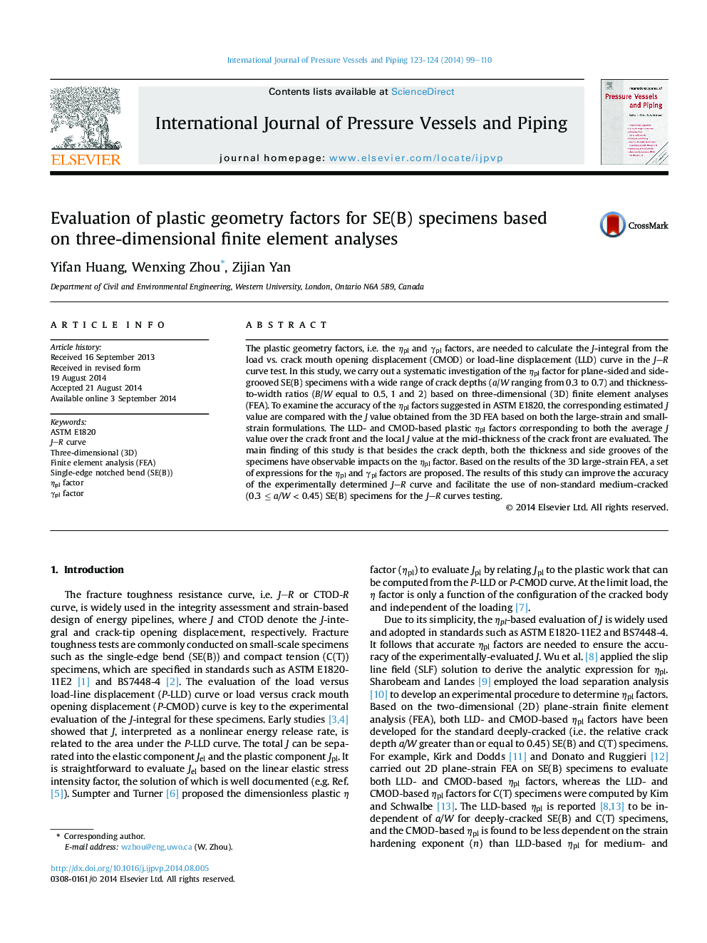 Evaluation of plastic geometry factors for SE(B) specimens based on three-dimensional finite element analyses