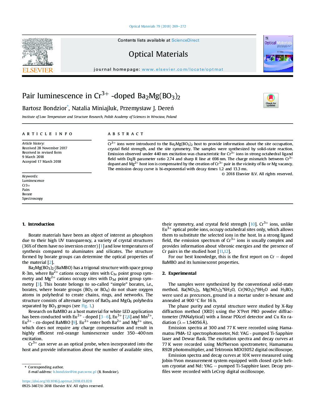 Pair luminescence in Cr3+ -doped Ba2Mg(BO3)2