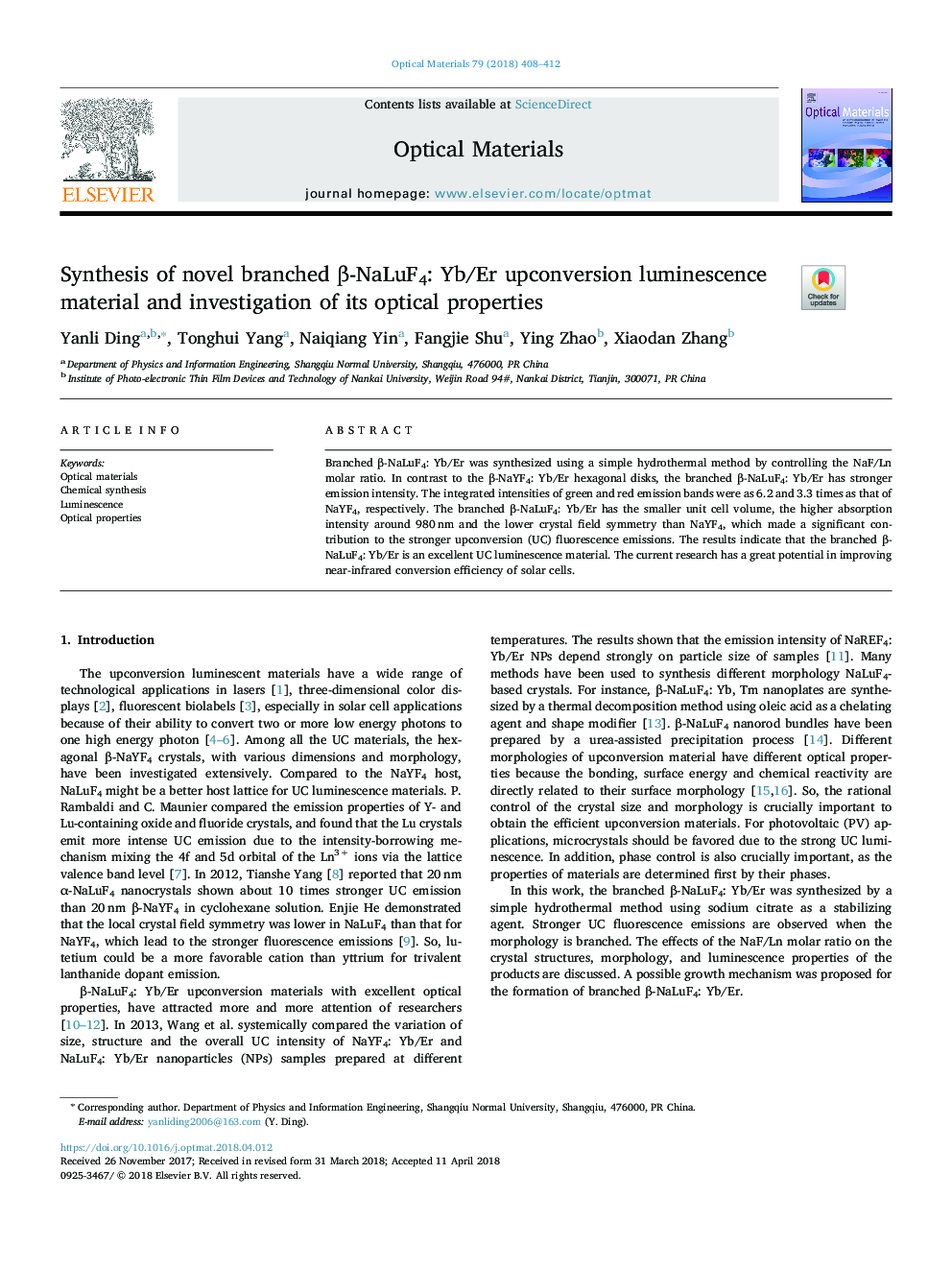 Synthesis of novel branched Î²-NaLuF4: Yb/Er upconversion luminescence material and investigation of its optical properties