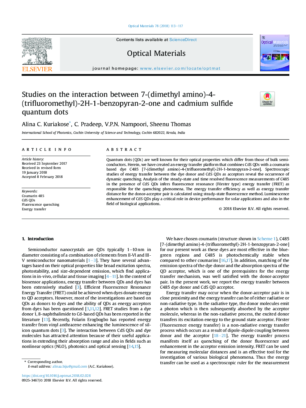 Studies on the interaction between 7-(dimethyl amino)-4-(trifluoromethyl)-2H-1-benzopyran-2-one and cadmium sulfide quantum dots