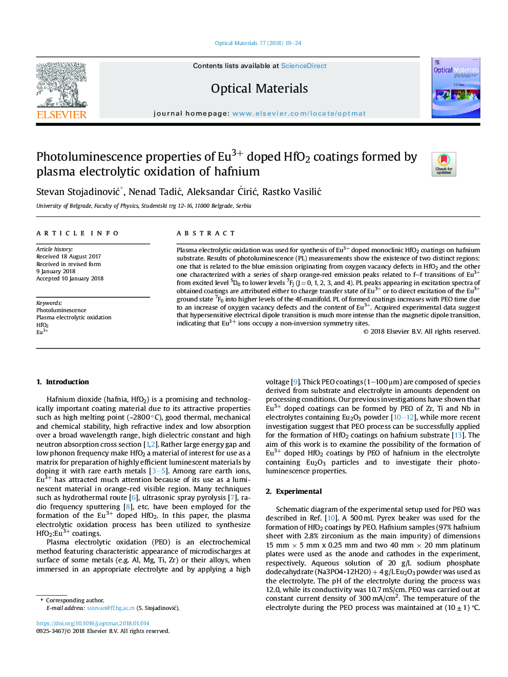 Photoluminescence properties of Eu3+ doped HfO2 coatings formed by plasma electrolytic oxidation of hafnium