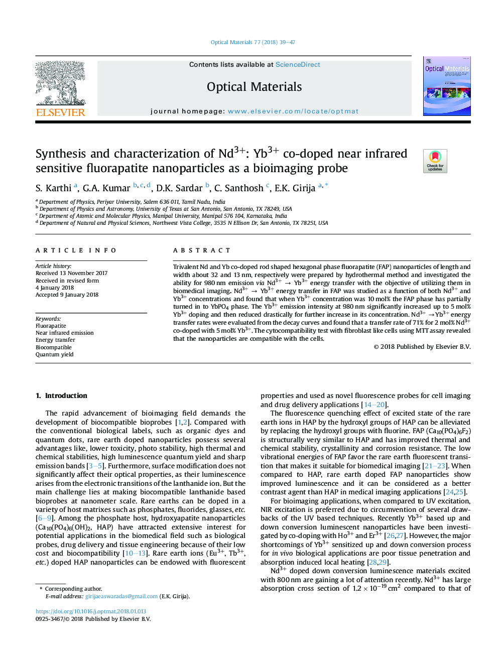 Synthesis and characterization of Nd3+: Yb3+ co-doped near infrared sensitive fluorapatite nanoparticles as a bioimaging probe