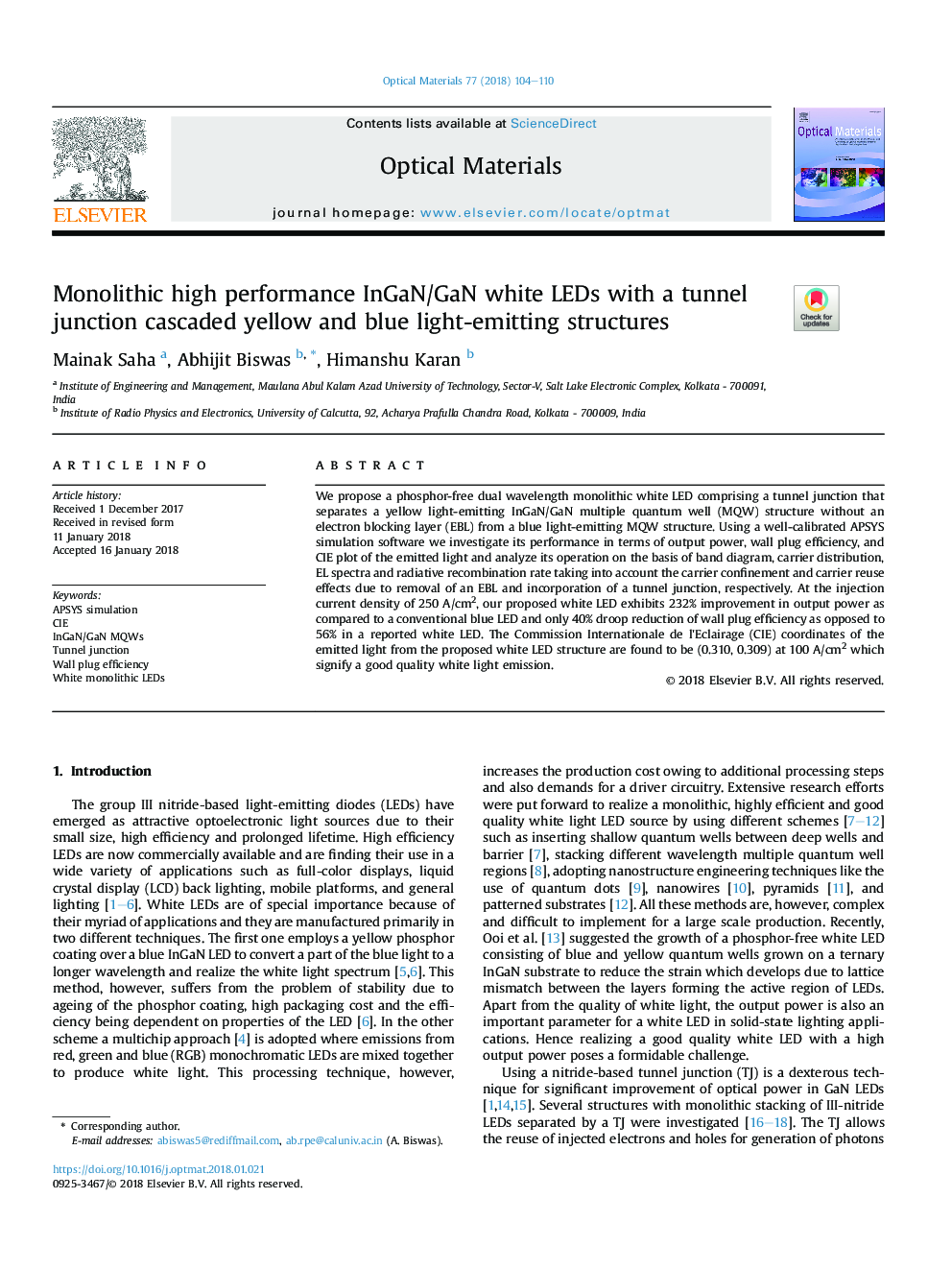 Monolithic high performance InGaN/GaN white LEDs with a tunnel junction cascaded yellow and blue light-emitting structures