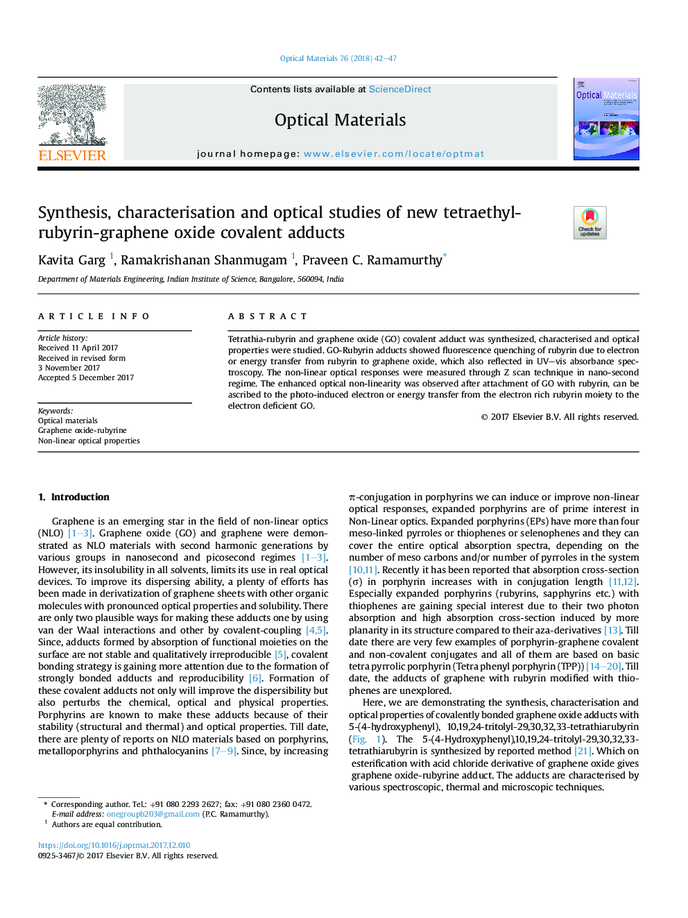 Synthesis, characterisation and optical studies of new tetraethyl- rubyrin-graphene oxide covalent adducts