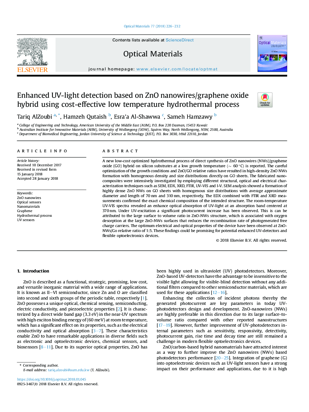 Enhanced UV-light detection based on ZnO nanowires/graphene oxide hybrid using cost-effective low temperature hydrothermal process