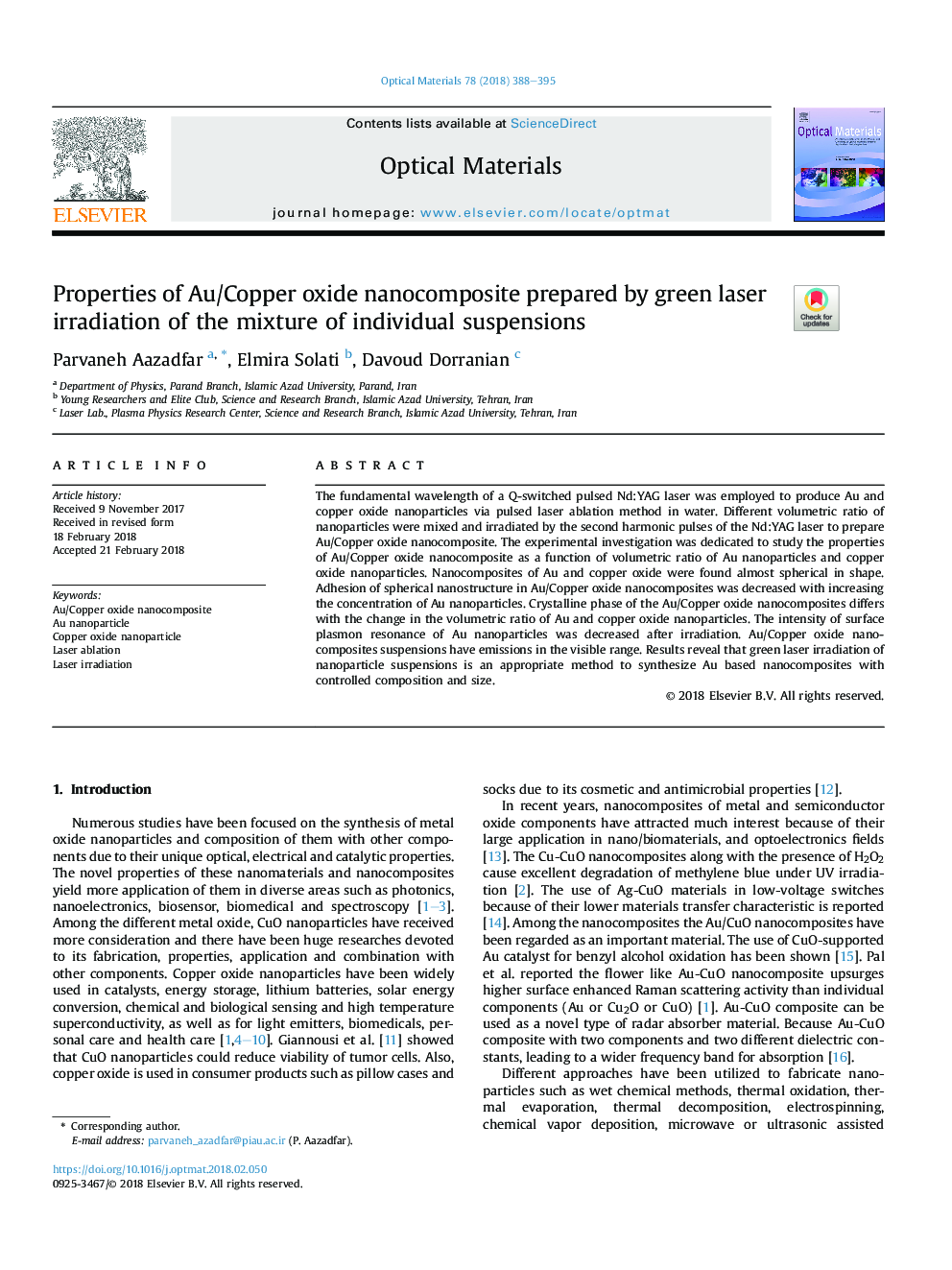 Properties of Au/Copper oxide nanocomposite prepared by green laser irradiation of the mixture of individual suspensions