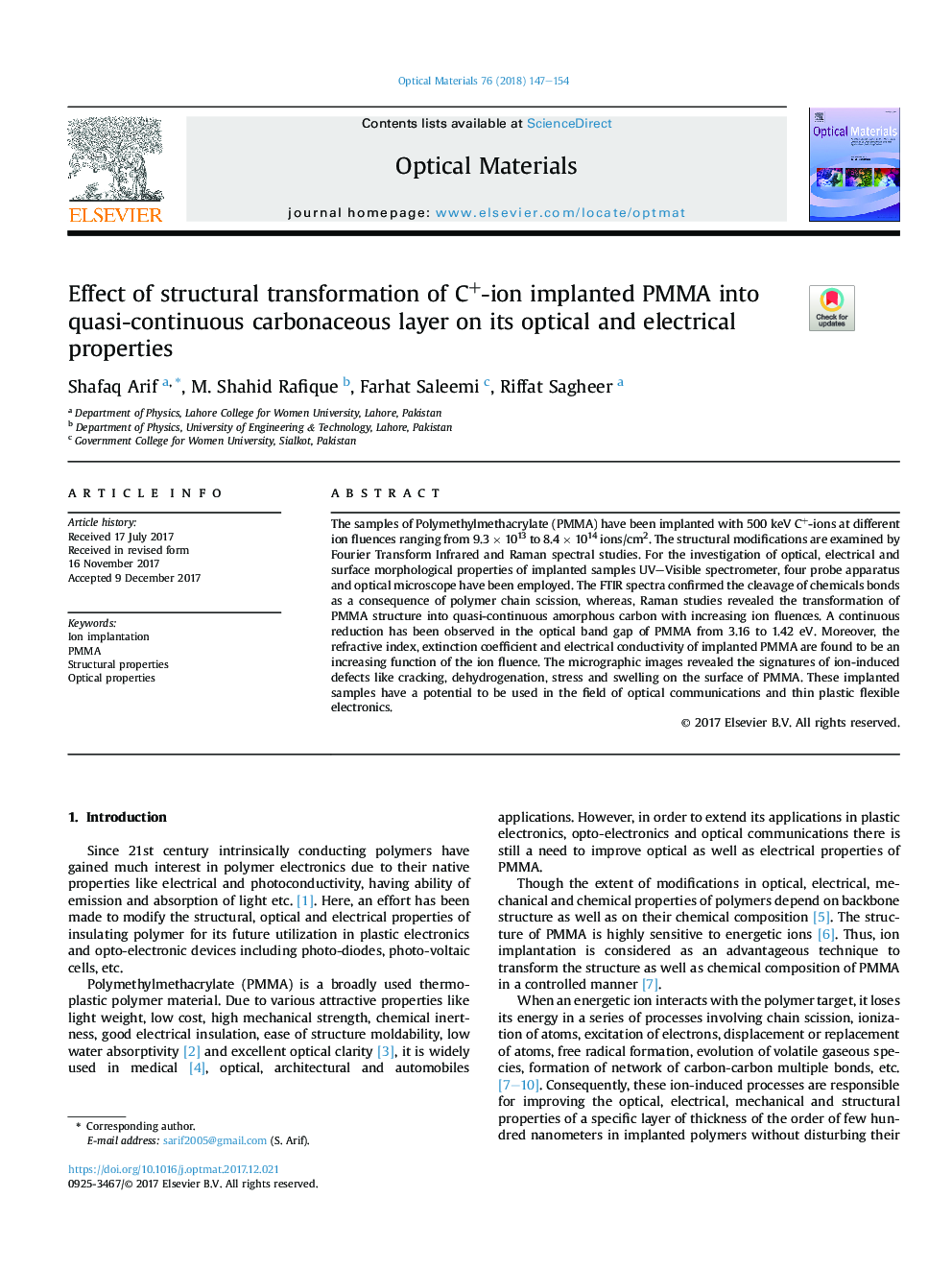 Effect of structural transformation of C+-ion implanted PMMA into quasi-continuous carbonaceous layer on its optical and electrical properties