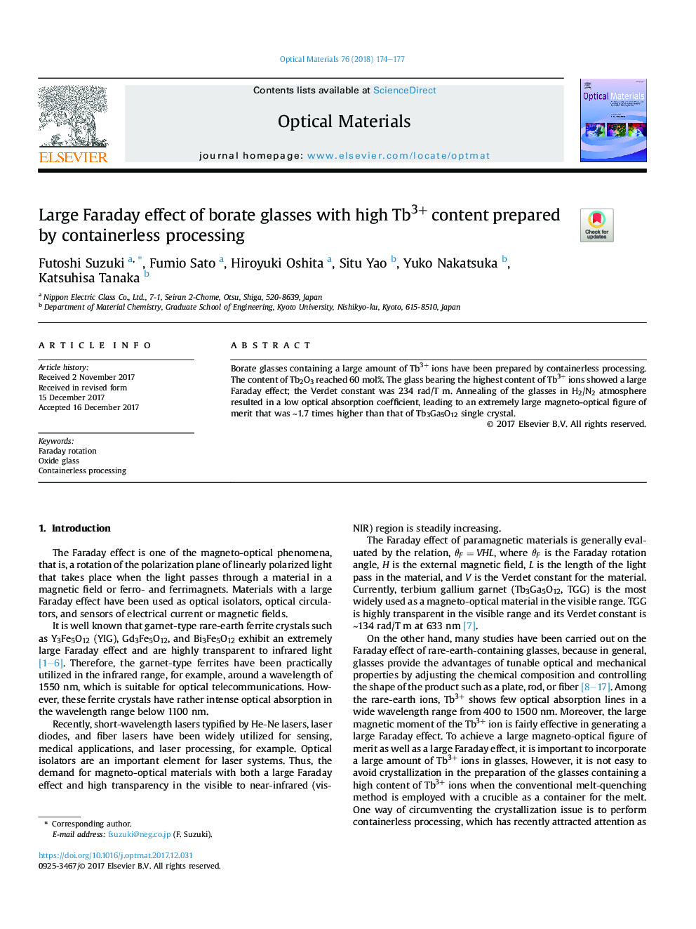 Large Faraday effect of borate glasses with high Tb3+ content prepared by containerless processing