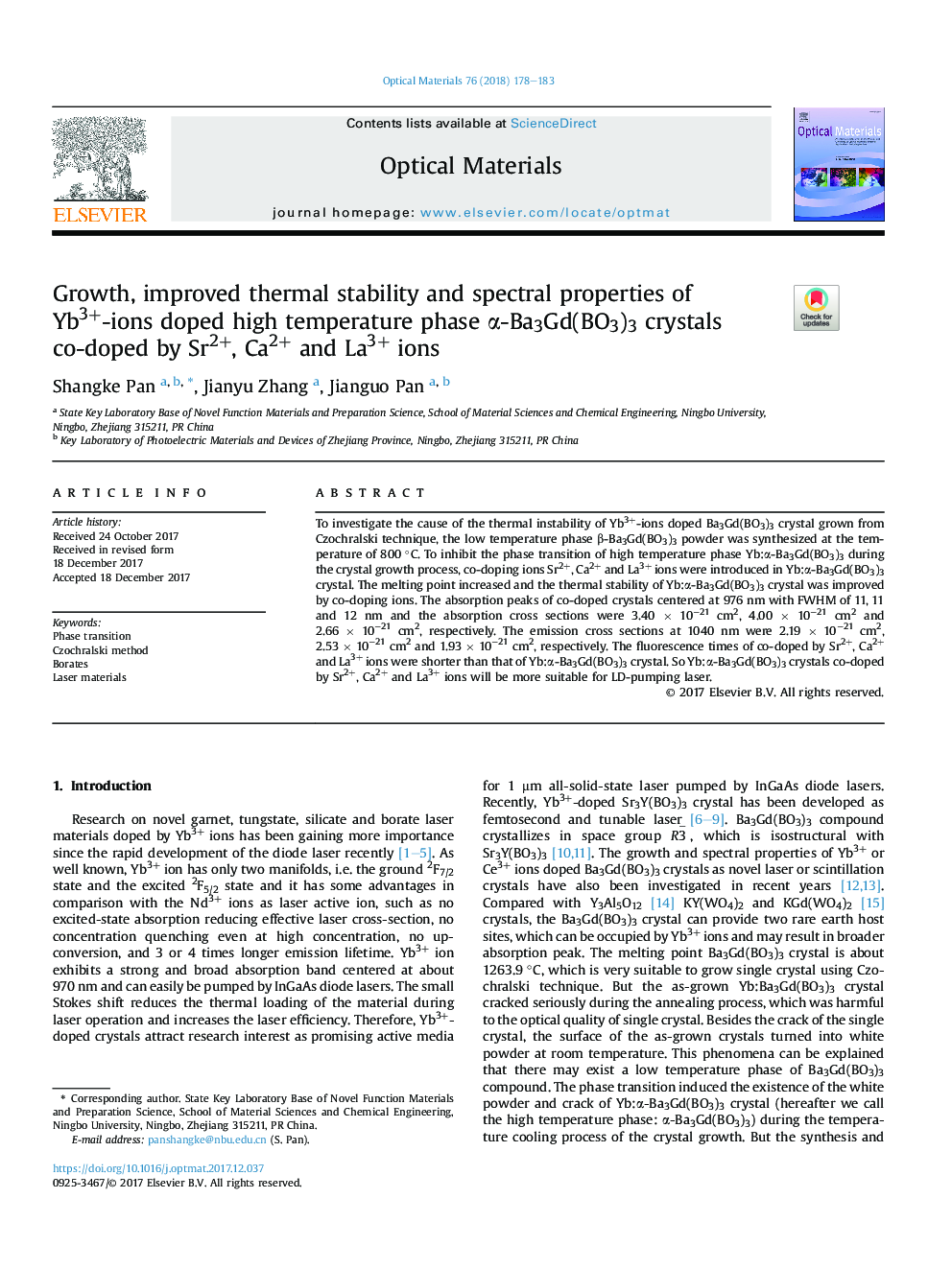 Growth, improved thermal stability and spectral properties of Yb3+-ions doped high temperature phase Î±-Ba3Gd(BO3)3 crystals co-doped by Sr2+, Ca2+ and La3+ ions