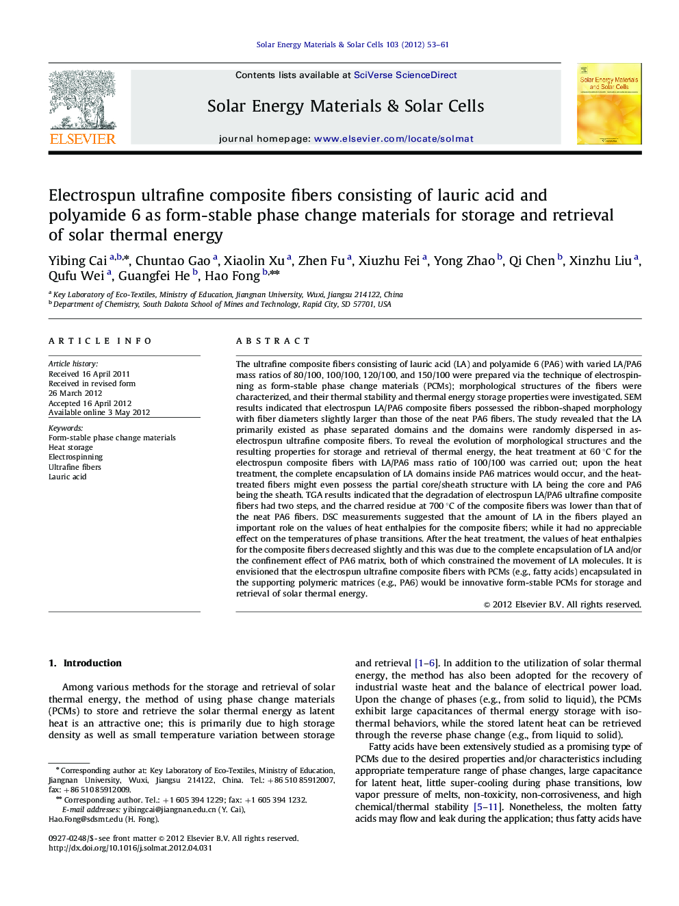 Electrospun ultrafine composite fibers consisting of lauric acid and polyamide 6 as form-stable phase change materials for storage and retrieval of solar thermal energy