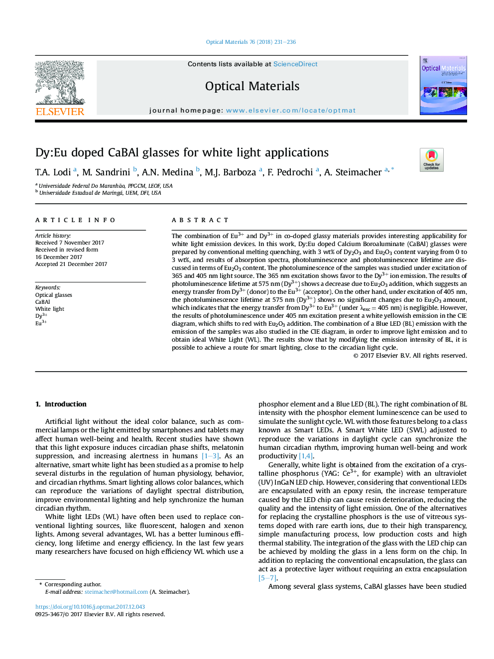 Dy:Eu doped CaBAl glasses for white light applications