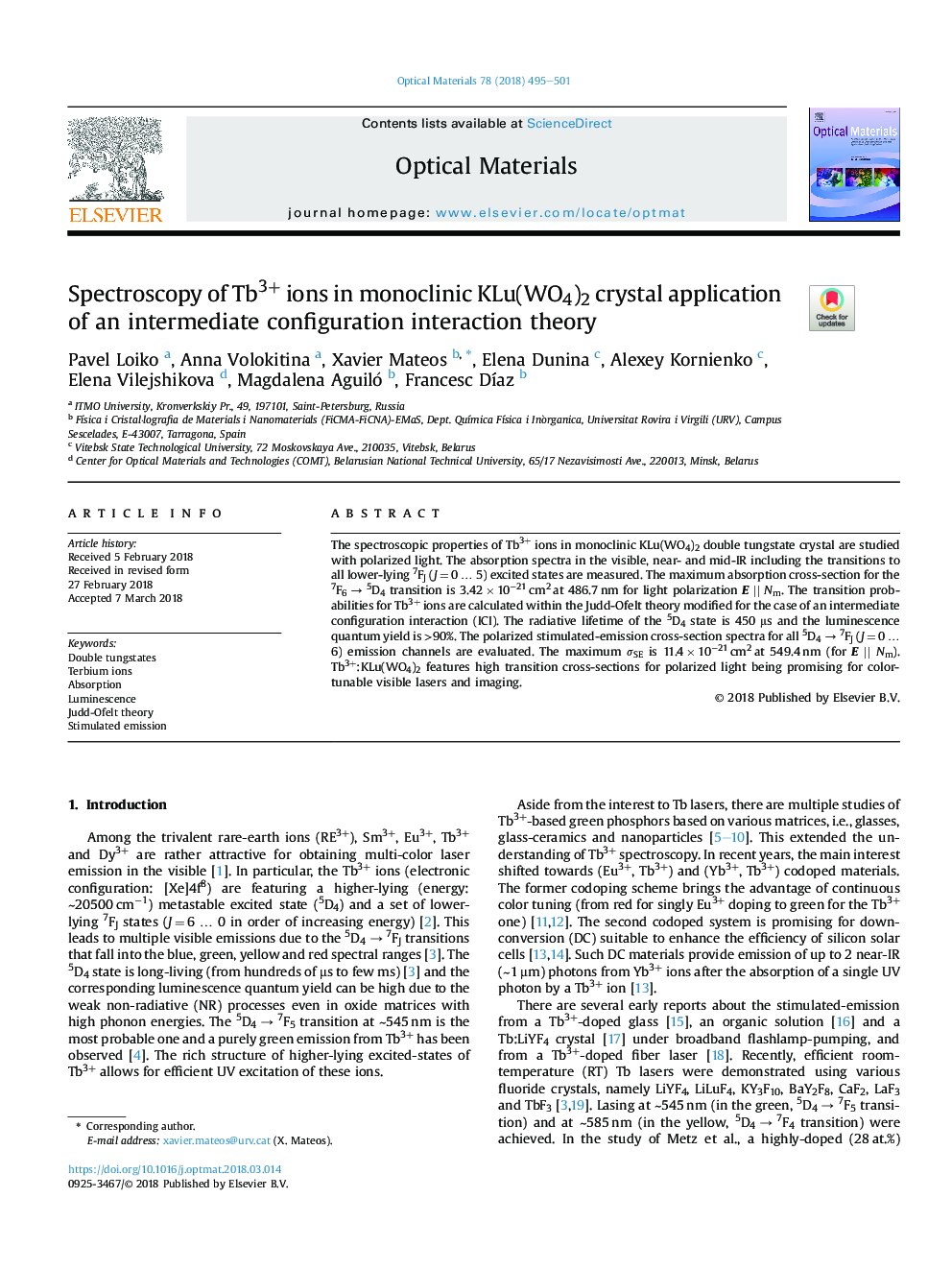 Spectroscopy of Tb3+ ions in monoclinic KLu(WO4)2 crystal application of an intermediate configuration interaction theory