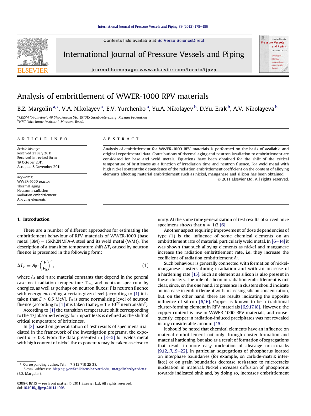 Analysis of embrittlement of WWER-1000 RPV materials