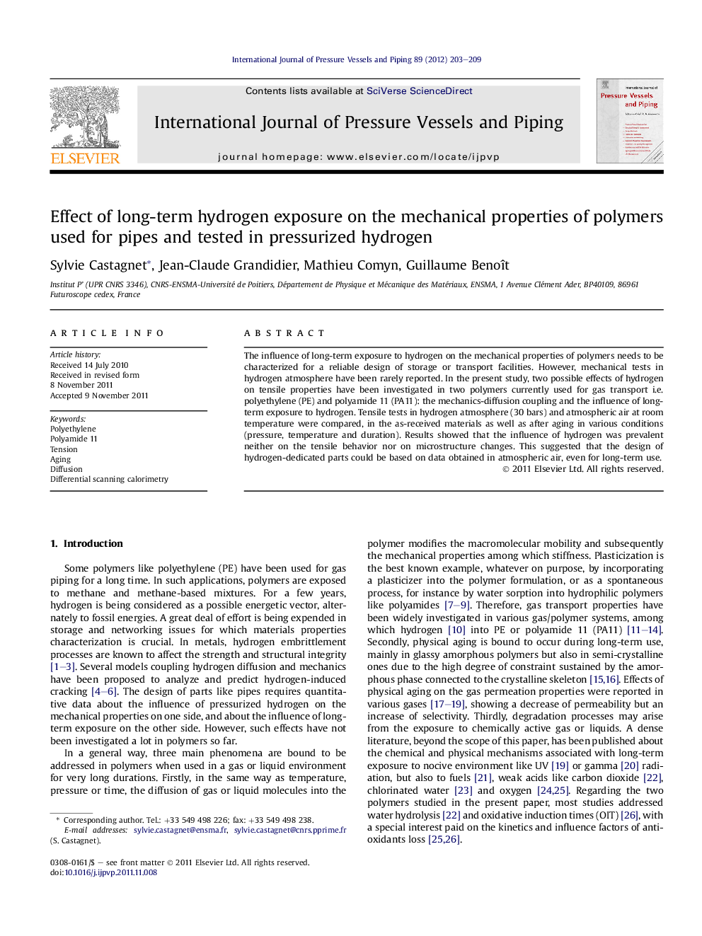 Effect of long-term hydrogen exposure on the mechanical properties of polymers used for pipes and tested in pressurized hydrogen