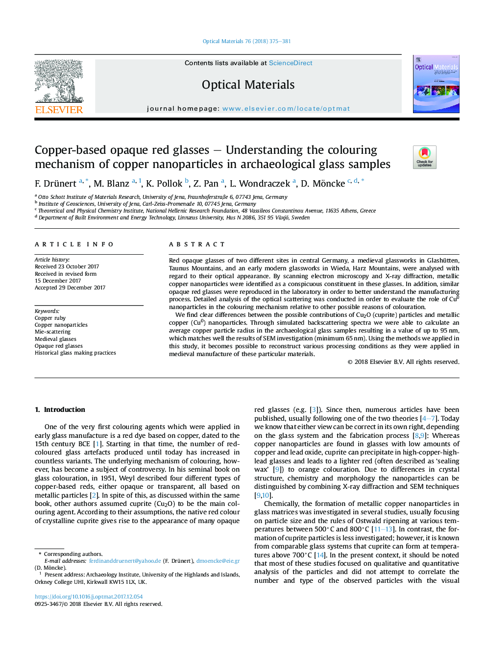 Copper-based opaque red glasses - Understanding the colouring mechanism of copper nanoparticles in archaeological glass samples