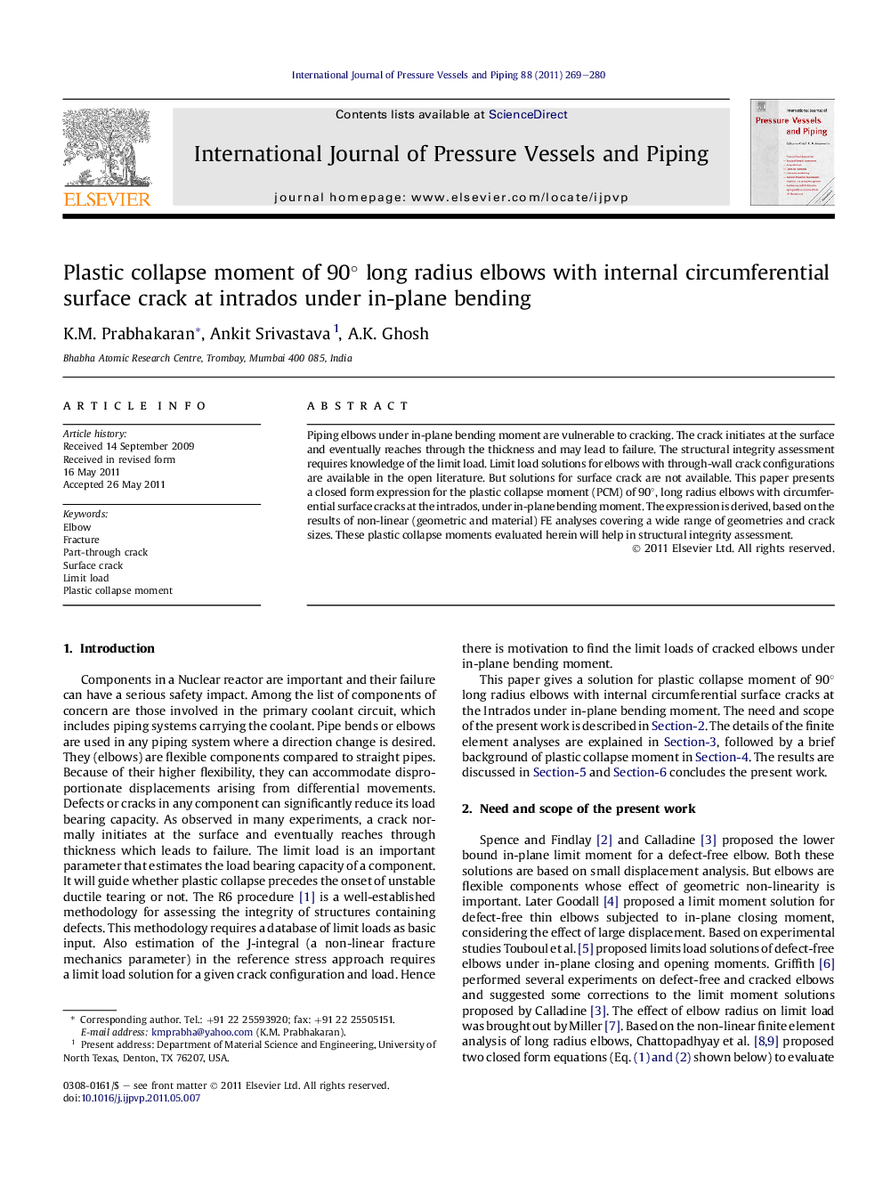 Plastic collapse moment of 90Â° long radius elbows with internal circumferential surface crack at intrados under in-plane bending