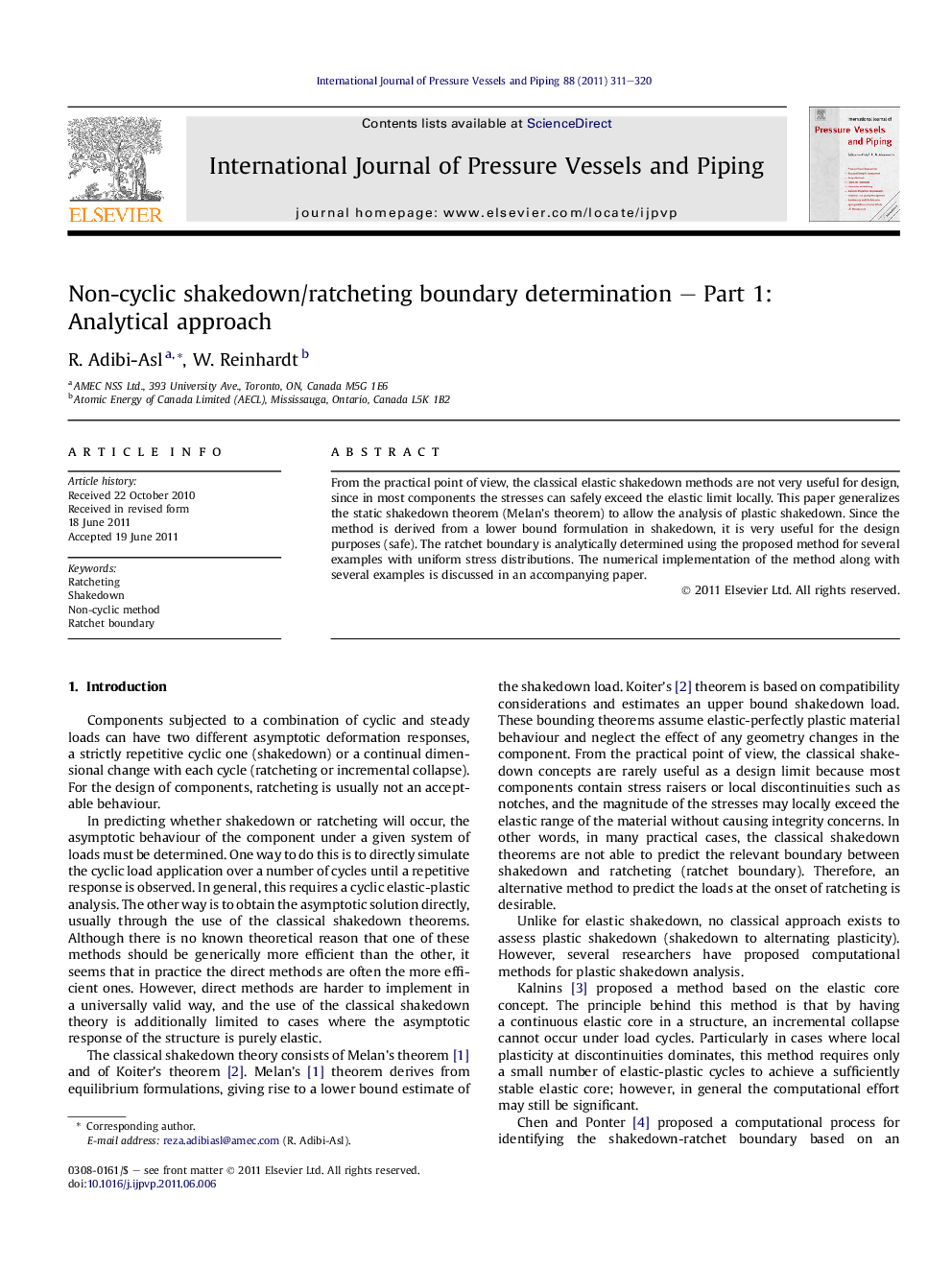 عکس صفحه اول مقاله: Non-cyclic shakedown/ratcheting boundary determination – Part 1: Analytical approach Non-cyclic shakedown/ratcheting boundary determination – Part 1: Analytical approach