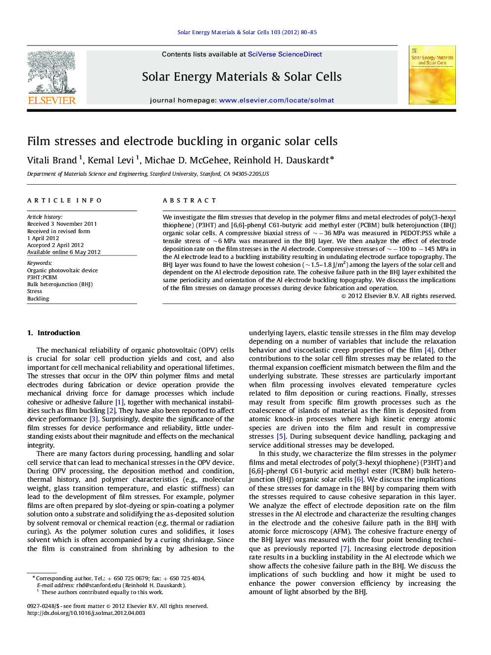 Film stresses and electrode buckling in organic solar cells