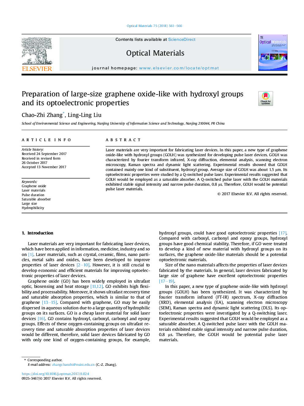 Preparation of large-size graphene oxide-like with hydroxyl groups and its optoelectronic properties