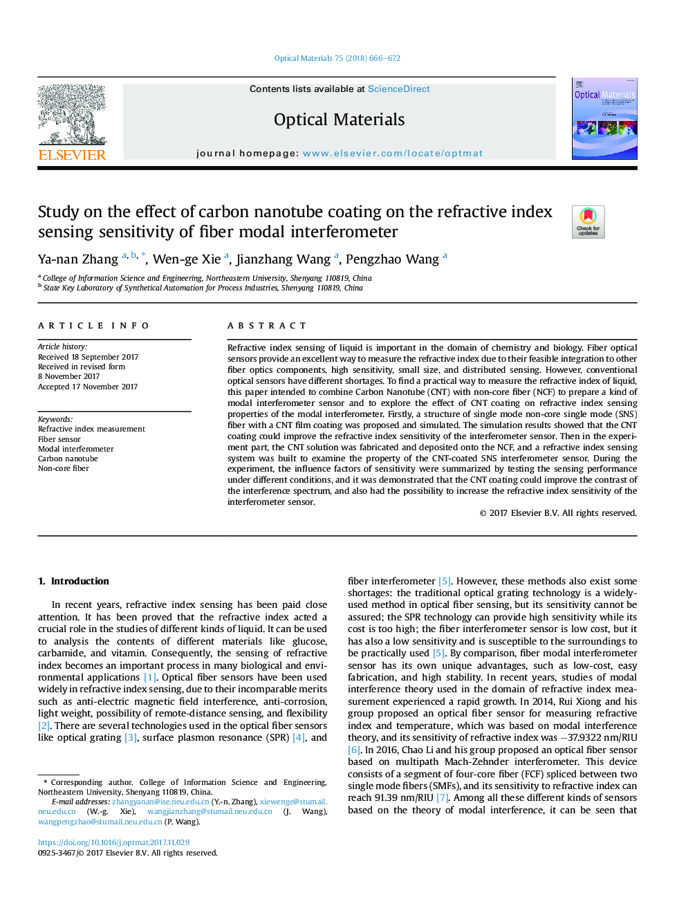 Study on the effect of carbon nanotube coating on the refractive index sensing sensitivity of fiber modal interferometer