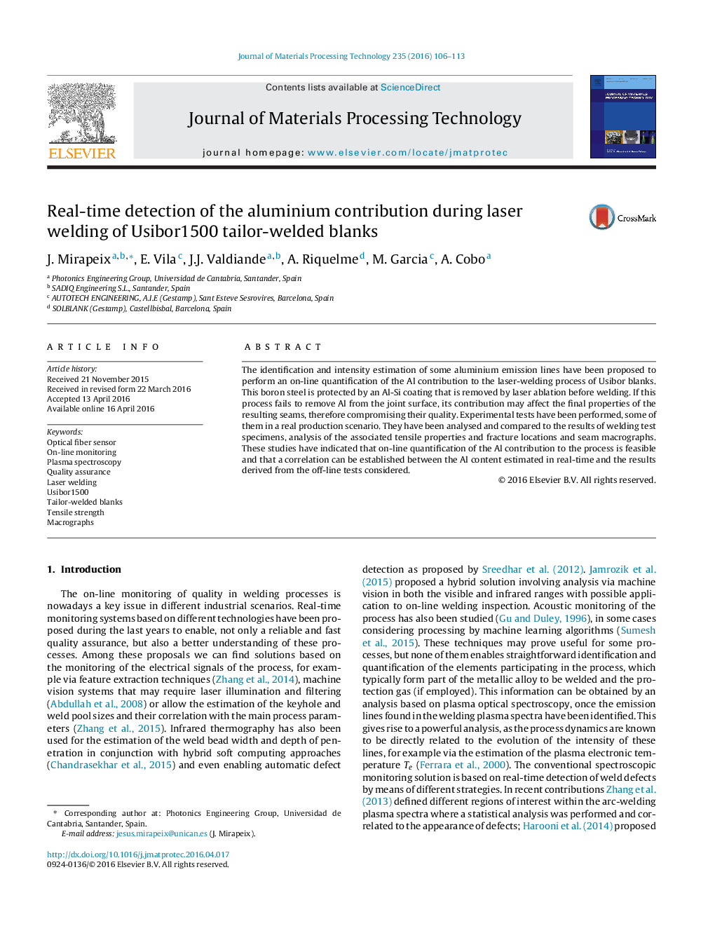 Real-time detection of the aluminium contribution during laser welding of Usibor1500 tailor-welded blanks