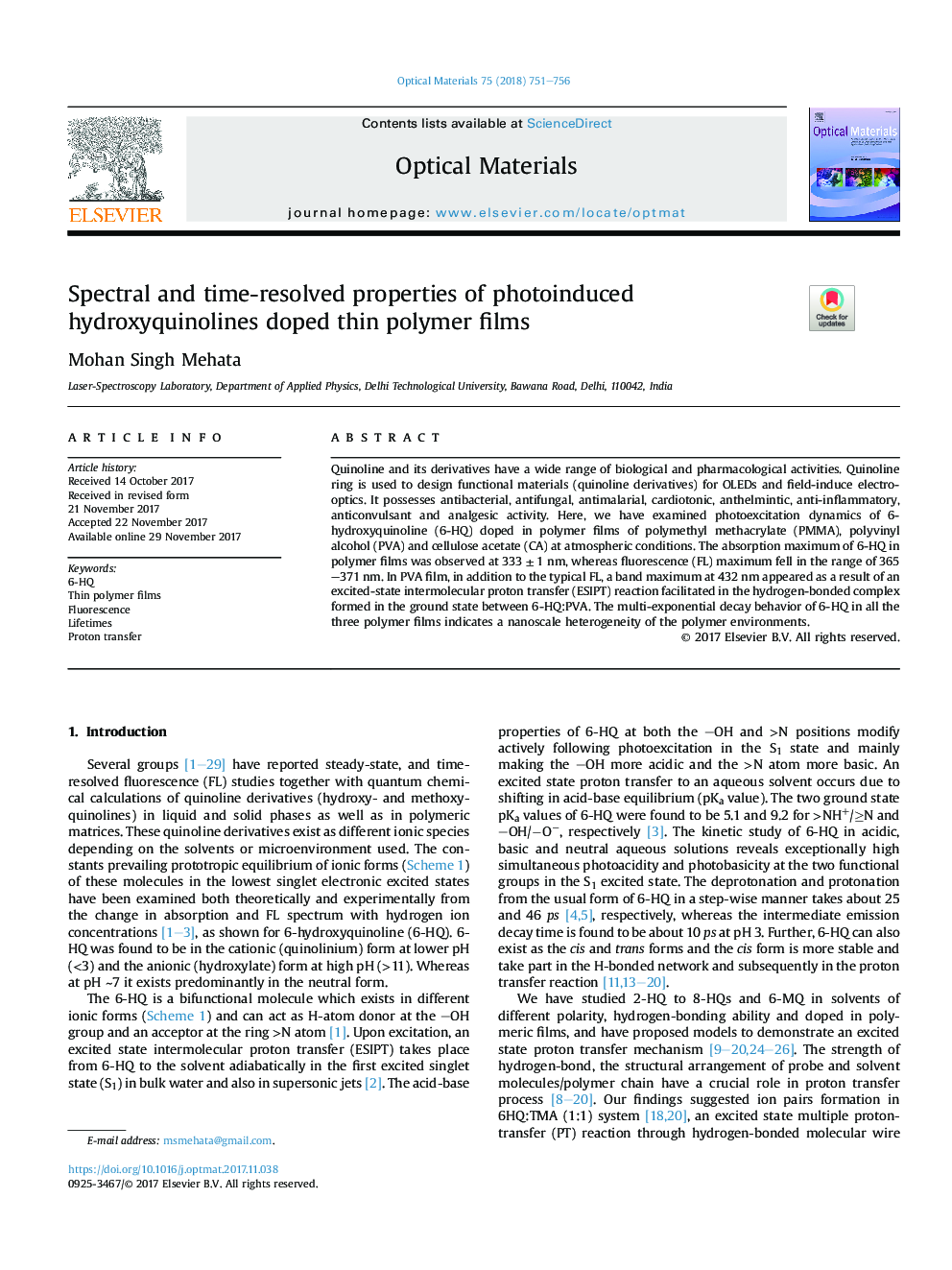 Spectral and time-resolved properties of photoinduced hydroxyquinolines doped thin polymer films