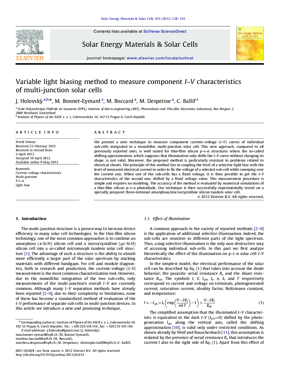 Variable light biasing method to measure component I–V characteristics of multi-junction solar cells