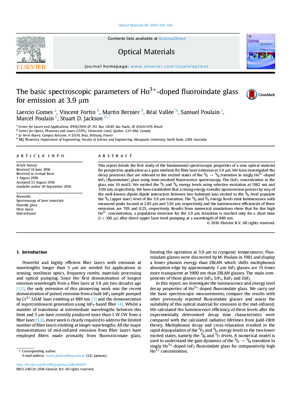 The basic spectroscopic parameters of Ho3+-doped fluoroindate glass for emission at 3.9Â Î¼m