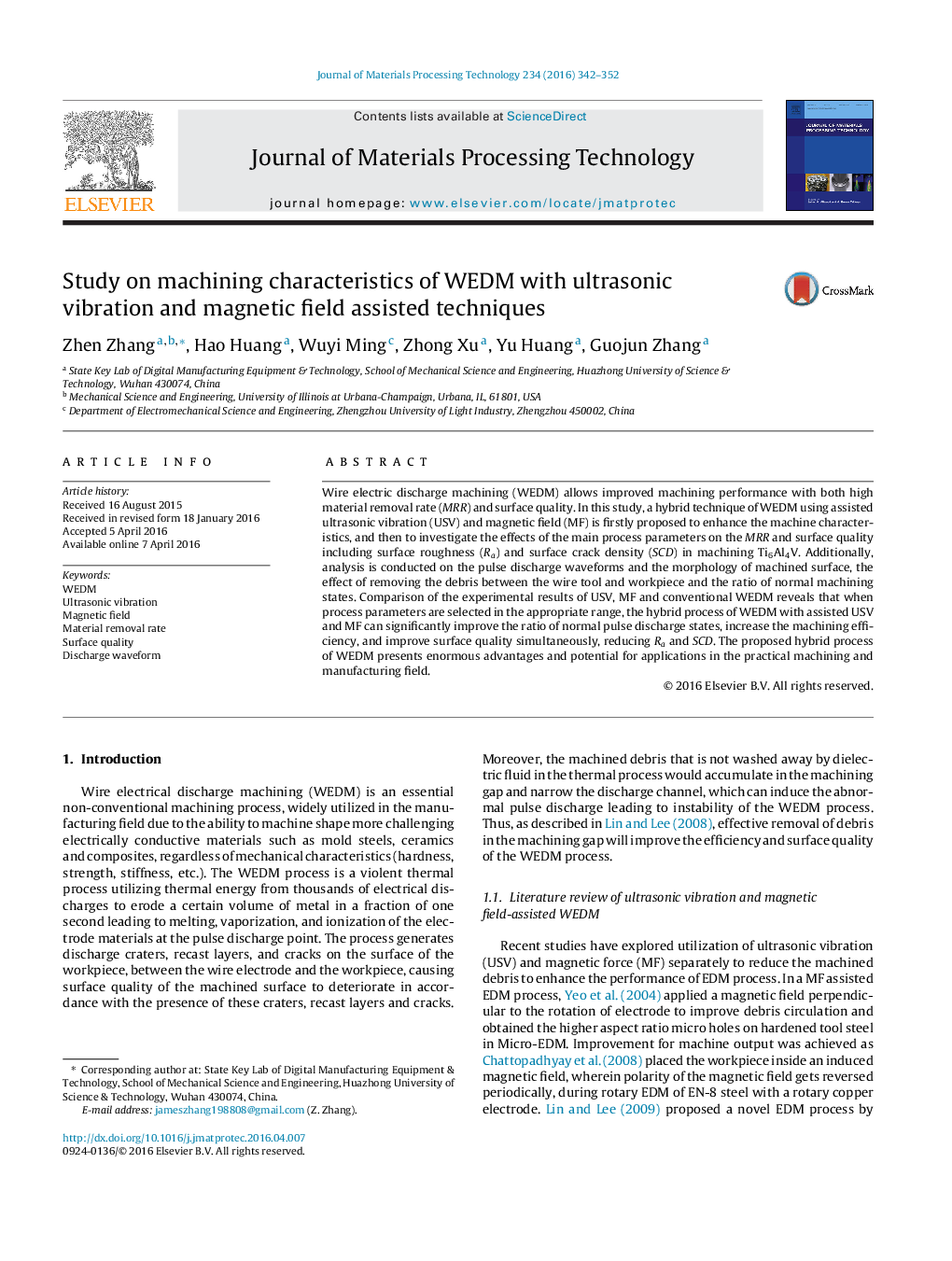 Study on machining characteristics of WEDM with ultrasonic vibration and magnetic field assisted techniques