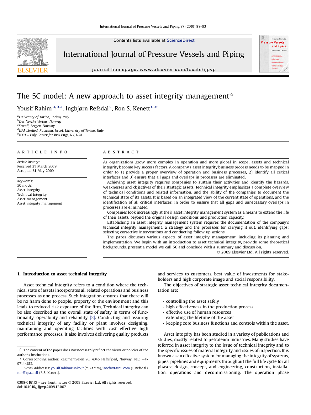 The 5C model: A new approach to asset integrity management 