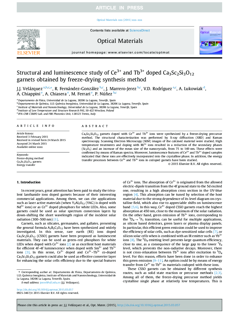 Structural and luminescence study of Ce3+ and Tb3+ doped Ca3Sc2Si3O12 garnets obtained by freeze-drying synthesis method