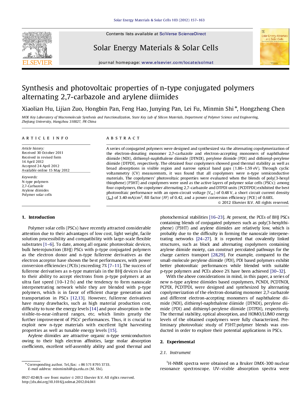 Synthesis and photovoltaic properties of n-type conjugated polymers alternating 2,7-carbazole and arylene diimides