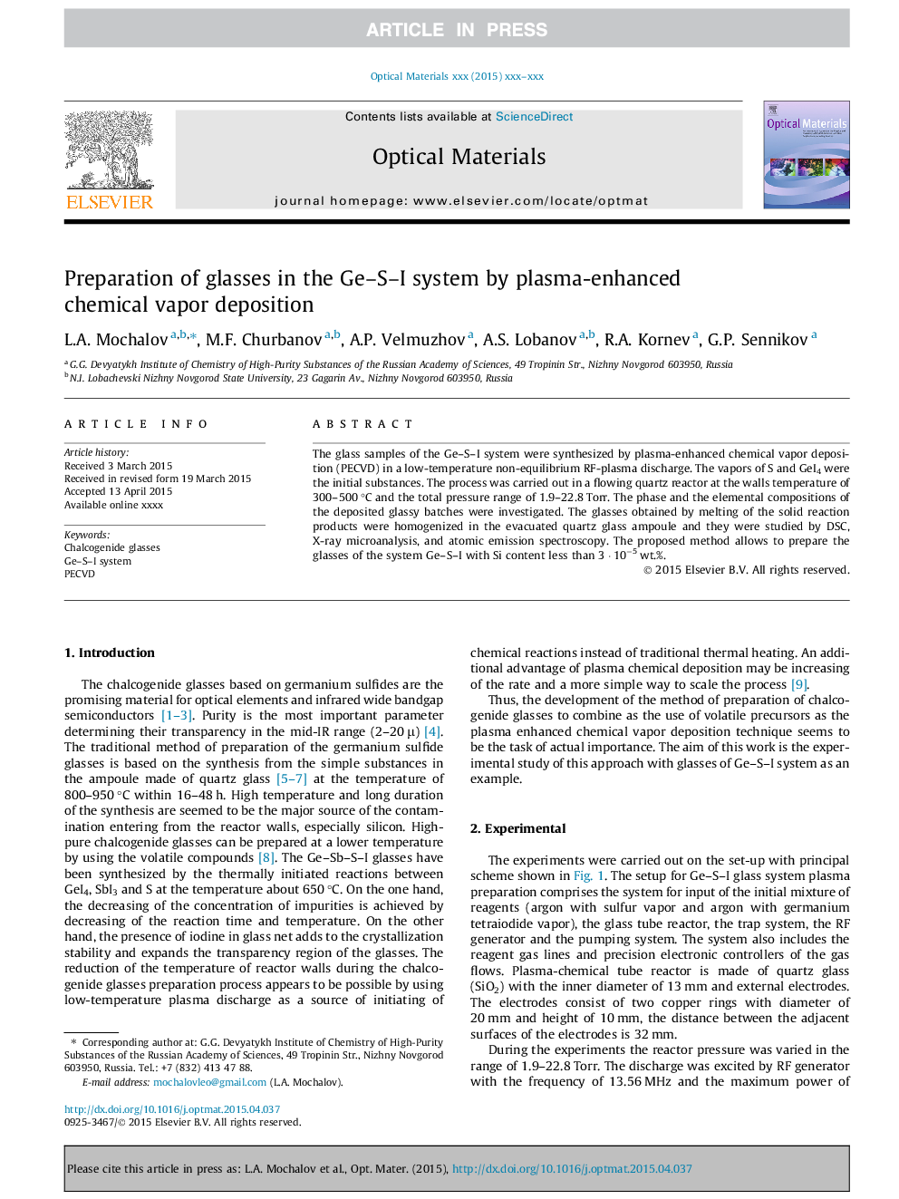 Preparation of glasses in the Ge-S-I system by plasma-enhanced chemical vapor deposition